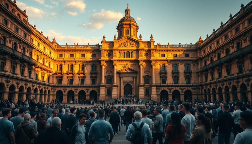 A grand, imposing building with ornate architecture, representing the power and authority of the Spanish Inquisition. The facade is adorned with intricate carvings, arched windows, and a central dome that dominates the skyline. The structure is bathed in warm, golden light, casting long shadows that convey a sense of solemnity and reverence. In the foreground, a courtyard or plaza is filled with people going about their daily lives, their expressions a mix of awe, fear, and curiosity, as they gaze upon the imposing edifice. The scene evokes a sense of the Inquisition's far-reaching influence and the weight of its judicial proceedings. A grand, imposing building with ornate architecture, representing the power and authority of the Spanish Inquisition. The facade is adorned with intricate carvings, arched windows, and a central dome that dominates the skyline. The structure is bathed in warm, golden light, casting long shadows that convey a sense of solemnity and reverence. In the foreground, a courtyard or plaza is filled with people going about their daily lives, their expressions a mix of awe, fear, and curiosity, as they gaze upon the imposing edifice. The scene evokes a sense of the Inquisition's far-reaching influence and the weight of its judicial proceedings.