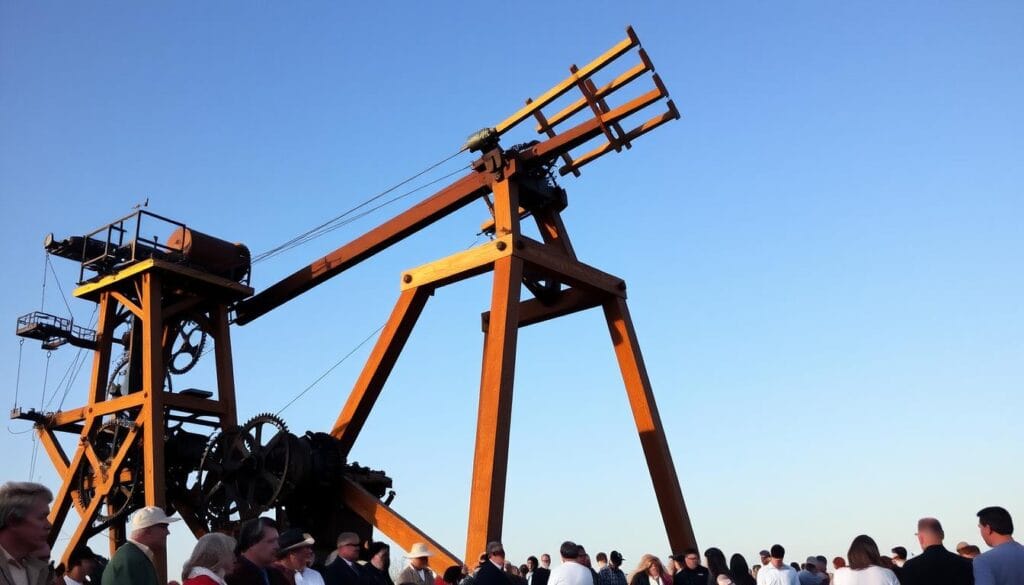 A grand mechanical marvel stands tall against a crisp azure sky, its wooden frame and metal components gleaming in the warm sunlight. The Chappe optical telegraph, a revolutionary communication system of the 18th century, rises majestically, its pivoting arms poised to transmit messages across vast distances at unprecedented speeds. Intricate gears and pulleys orchestrate the graceful motion of the semaphore, a symphony of engineering ingenuity. In the foreground, a small crowd of fascinated onlookers admires the technological marvel, their expressions a blend of awe and wonder. The scene evokes a sense of progress and the dawn of a new era, where information could flow freely, unbound by the constraints of time and space.