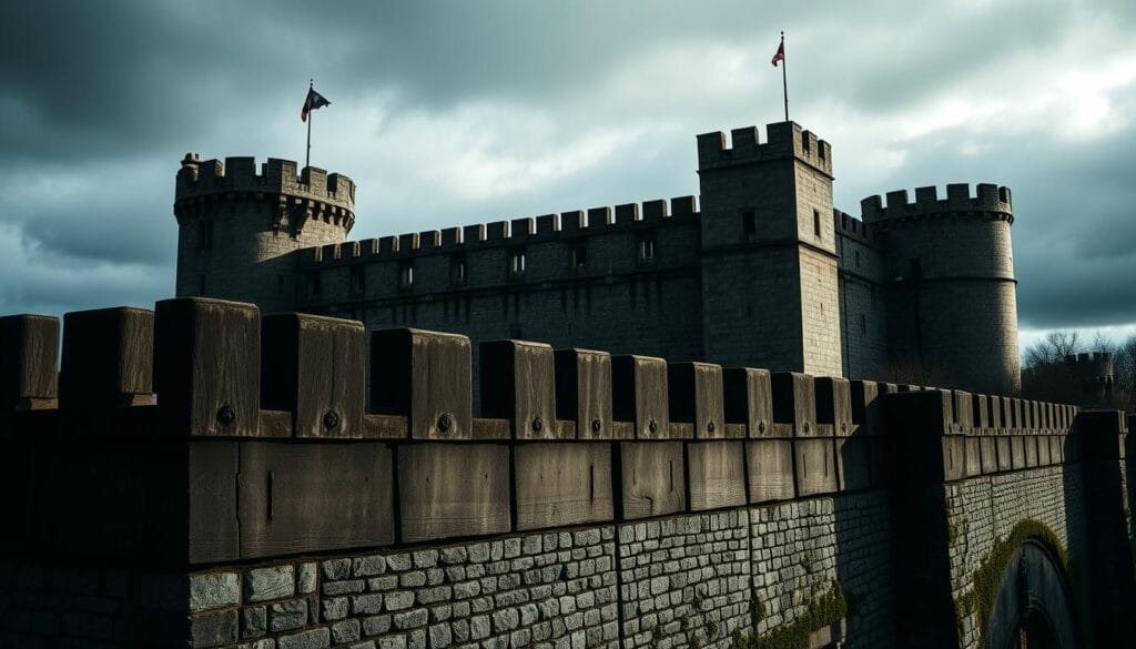 A grand medieval castle, its sturdy walls and imposing towers standing tall against the backdrop of a moody, overcast sky. In the foreground, an array of defensive elements come into focus - sturdy battlements, arrow slits, and machicolations that jut out from the castle's facade. The lighting is dramatic, casting long shadows that accentuate the castle's imposing silhouette. The scene conveys a sense of strength, resilience, and the harsh realities of life within these fortified walls during the medieval era.
