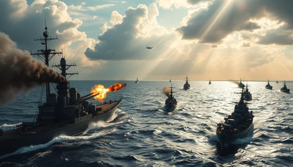 A grand naval battle rages on the open waters of the Pacific Ocean. In the foreground, mighty warships engage in a fierce artillery exchange, their cannons thundering across the waves. Sailors scramble across the decks, silhouetted against the billowing clouds of gunpowder smoke. In the middle ground, smaller vessels dart between the combatants, ferrying orders and supplies. The distant horizon is dotted with the masts and hulls of more warships, converging on the conflict. The sky is a dramatic mix of swirling storm clouds and rays of sunlight, casting dramatic shadows and highlights across the scene. The overall mood is one of intense strategic action, as the opposing naval forces clash in a pivotal moment of the Pacific War. A grand naval battle rages on the open waters of the Pacific Ocean. In the foreground, mighty warships engage in a fierce artillery exchange, their cannons thundering across the waves. Sailors scramble across the decks, silhouetted against the billowing clouds of gunpowder smoke. In the middle ground, smaller vessels dart between the combatants, ferrying orders and supplies. The distant horizon is dotted with the masts and hulls of more warships, converging on the conflict. The sky is a dramatic mix of swirling storm clouds and rays of sunlight, casting dramatic shadows and highlights across the scene. The overall mood is one of intense strategic action, as the opposing naval forces clash in a pivotal moment of the Pacific War.