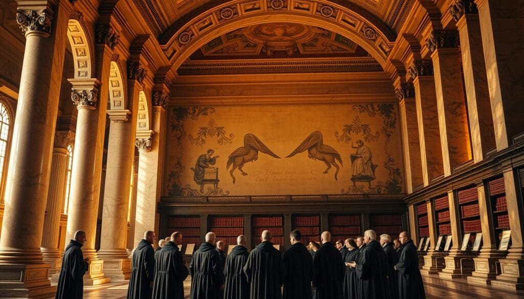A grand, ornate hall with marble columns and a vaulted ceiling, bathed in warm, golden light. In the foreground, a group of robed figures stand in a circle, engaged in a solemn ritual of selection - the historic process of sortition, where leadership is determined by random chance rather than election. In the background, ancient tomes and scrolls line the shelves, a testament to the long tradition of this democratic practice. The atmosphere is one of reverence and contemplation, inviting the viewer to ponder the origins and legacy of this unique approach to governance.
