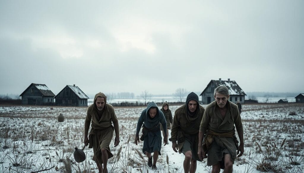 A grim landscape of famine and despair unfolds across the European countryside. In the foreground, emaciated figures trudge through a barren, snow-dusted field, their faces etched with the anguish of hunger. Tattered clothing and hollow eyes speak of the ravages of a merciless crisis. The middle ground reveals abandoned farmhouses, their roofs caved in, a testament to the collapse of agricultural systems. Looming in the distance, a ghostly haze of gray clouds obscures the horizon, casting an ominous pall over the scene. The lighting is muted, with a cold, desaturated palette that heightens the somber mood. This bleak, cinéma vérité-inspired composition captures the essence of the "crisis alimentaria" that gripped Europe, a tragedy that would echo through the ages.