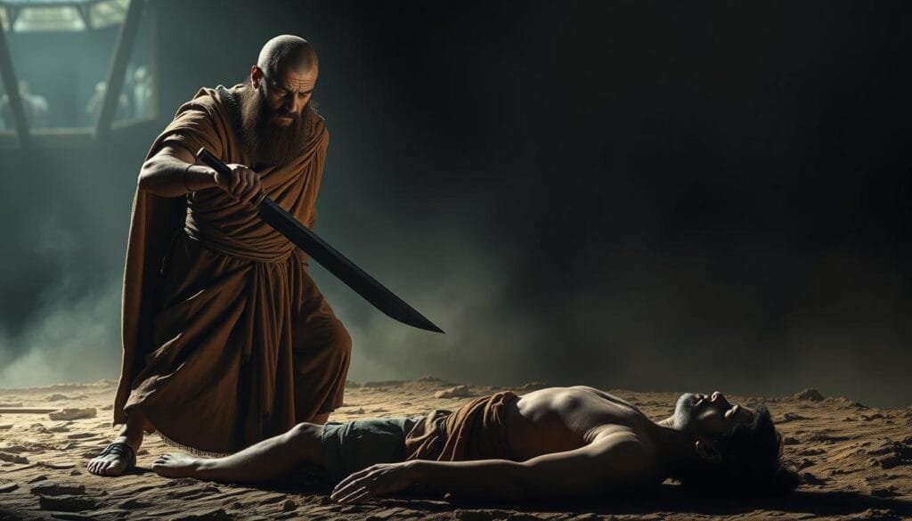 A grim scene from the ancient Mesopotamian Hammurabi's Code, depicting the law of retaliation: ley talión. In the foreground, a severe-faced figure wielding a sharp blade stands over a helpless victim, their expressions etched with tension and unforgiving resolve. The middle ground is shrouded in an ominous, dimly lit atmosphere, conveying the gravity and brutality of this retributive justice. The background fades into a hazy, dreamlike realm, alluding to the timeless and unyielding nature of this principle. Dramatic chiaroscuro lighting casts dramatic shadows, heightening the sense of drama and foreboding. A somber, haunting mood permeates the scene, reflecting the harsh realities of the ancient Hammurabi's Code. A grim scene from the ancient Mesopotamian Hammurabi's Code, depicting the law of retaliation: ley talión. In the foreground, a severe-faced figure wielding a sharp blade stands over a helpless victim, their expressions etched with tension and unforgiving resolve. The middle ground is shrouded in an ominous, dimly lit atmosphere, conveying the gravity and brutality of this retributive justice. The background fades into a hazy, dreamlike realm, alluding to the timeless and unyielding nature of this principle. Dramatic chiaroscuro lighting casts dramatic shadows, heightening the sense of drama and foreboding. A somber, haunting mood permeates the scene, reflecting the harsh realities of the ancient Hammurabi's Code.