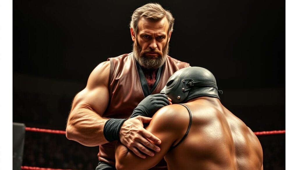 A grizzled Abraham Lincoln, his broad shoulders straining against a sleeveless leather vest, stands triumphant in a dimly lit lucha libre ring. His weathered face set in a steely gaze, Lincoln grapples with a hulking, masked luchador, their bodies locked in a fierce battle of strength and skill. The air crackles with the intensity of their clash, the crowd's roars echoing off the shadowy arena walls. Lincoln's powerful movements flow with the practiced grace of a seasoned wrestler, his calloused hands gripping his opponent's costume as he maneuvers for the decisive hold. This is the unexpected, extraordinary side of the iconic American president - a champion of the mat, whose legend as a wrestler rivals his renown as a statesman.