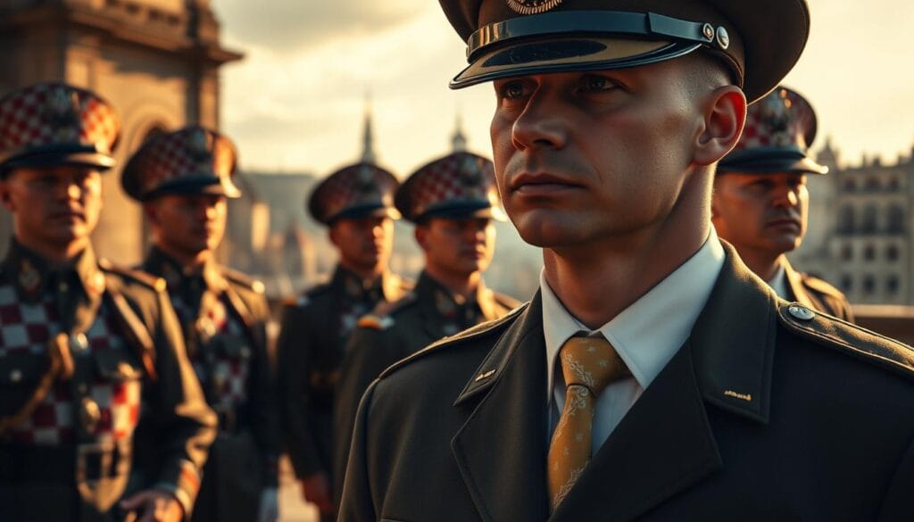 A group of Croatian soldiers in full military regalia, standing tall and proud, with their traditional red-and-white checkered uniforms and distinctive caps. In the foreground, a finely tailored officer's dress uniform with a crisp, white collar and a neatly tied, silken necktie. The scene is bathed in warm, golden light, casting dramatic shadows and highlighting the intricate details of the soldiers' equipment and attire. The background features a historic European cityscape, hinting at the military influence and cultural heritage that has shaped the evolution of the necktie over time. A group of Croatian soldiers in full military regalia, standing tall and proud, with their traditional red-and-white checkered uniforms and distinctive caps. In the foreground, a finely tailored officer's dress uniform with a crisp, white collar and a neatly tied, silken necktie. The scene is bathed in warm, golden light, casting dramatic shadows and highlighting the intricate details of the soldiers' equipment and attire. The background features a historic European cityscape, hinting at the military influence and cultural heritage that has shaped the evolution of the necktie over time.