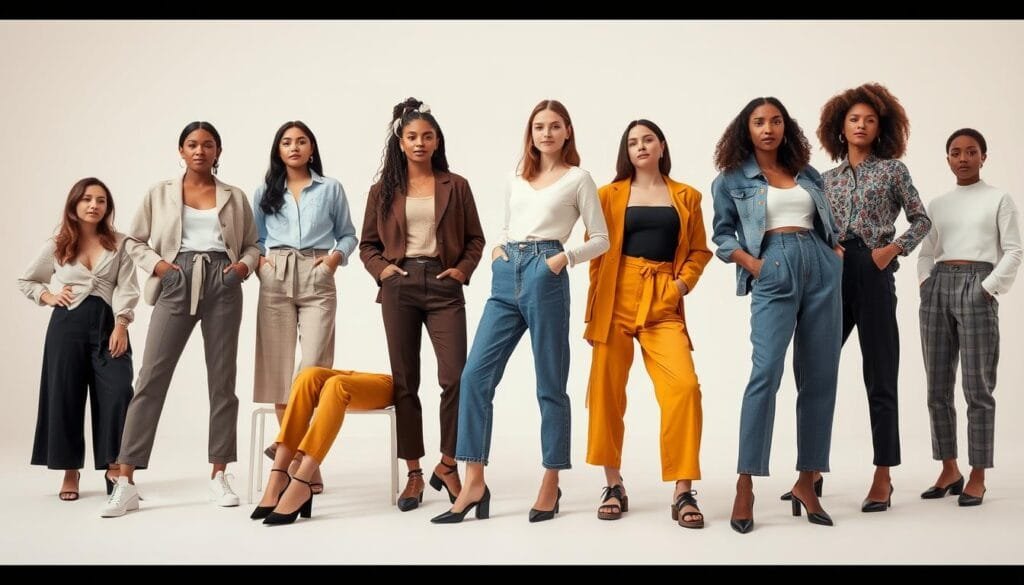 A group of fashionable women wearing various styles of modern pants, showcasing the evolution of female empowerment through clothing. The scene is set in a bright, airy studio with soft, diffused lighting that accentuates the textures and silhouettes of the garments. The women, diverse in age and ethnicity, exude confidence and poise as they pose casually, some seated, others standing, highlighting the versatility and practicality of their stylish pants. The background is minimalist, allowing the focus to remain on the women and their attire, symbolizing the significance of this sartorial shift in the narrative of female emancipation.
