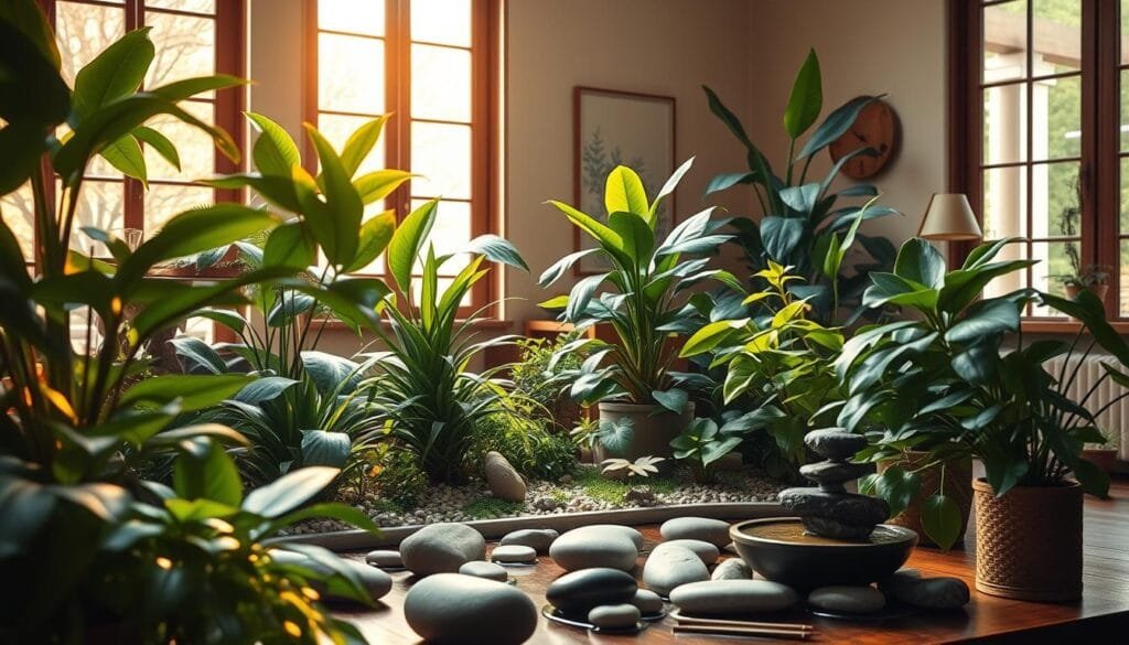 A harmonious feng shui-inspired indoor garden, bathed in warm natural light filtering through large windows. In the foreground, lush, verdant houseplants of various shapes and sizes arranged in a visually pleasing composition, their leaves gently swaying. In the middle ground, smooth river stones and a small tabletop fountain create a soothing, calming ambiance. The background features muted, earthy tones that enhance the zen-like atmosphere, with minimalist decor and natural wood accents. The entire scene exudes a sense of balance, tranquility, and the seamless integration of nature within the domestic environment.