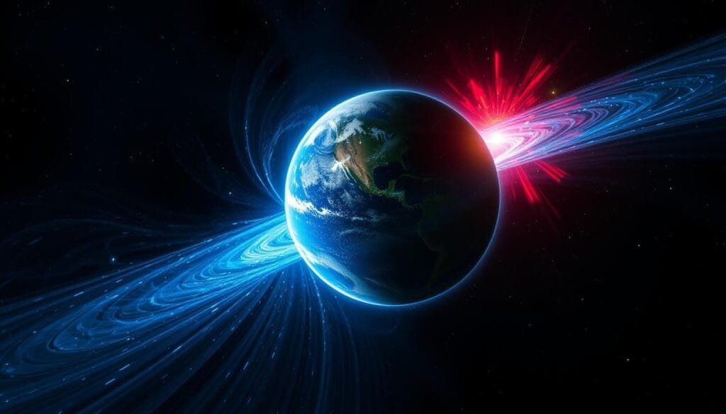 A high-altitude perspective of the Earth's dynamic magnetic field, enveloped by swirling solar radiation. The planet's magnetic shield, generated by its molten iron core, is visualized as a shimmering, ethereal blue aura, fluctuating and pulsing with the ebb and flow of the Sun's charged particles. In the background, the blackness of space is punctuated by bursts of vibrant, multicolored auroras, dancing across the upper atmosphere. The scene conveys the delicate balance between the Earth's protective magnetosphere and the relentless solar activity that shapes it, a fragile yet vital system that would be profoundly disrupted should the planet's rotation cease.