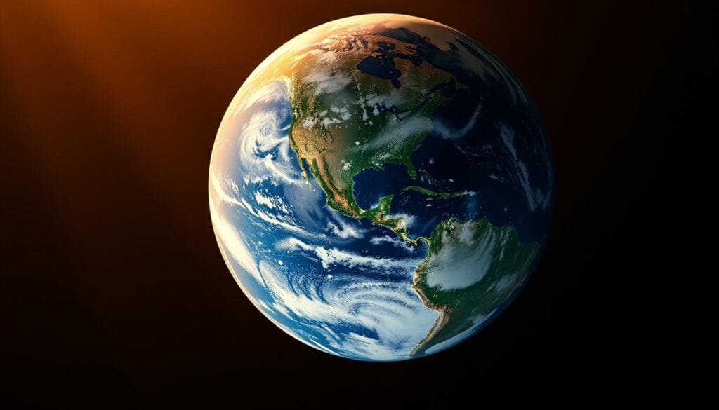 A high-angle view of a rotating planet Earth, showcasing its spherical form and the intricate patterns of landmasses, oceans, and atmospheric systems. The scene is bathed in a warm, golden light, creating a sense of depth and dimensionality. The camera's lens captures the Earth's surface in exquisite detail, highlighting the curvature of the horizon and the delicate balance of the planet's rotation. The image conveys a profound sense of the Earth's dynamism, the constant interplay between its physical features and the forces that shape them, all while emphasizing the critical role that the planet's rotation plays in maintaining its unique and habitable configuration.