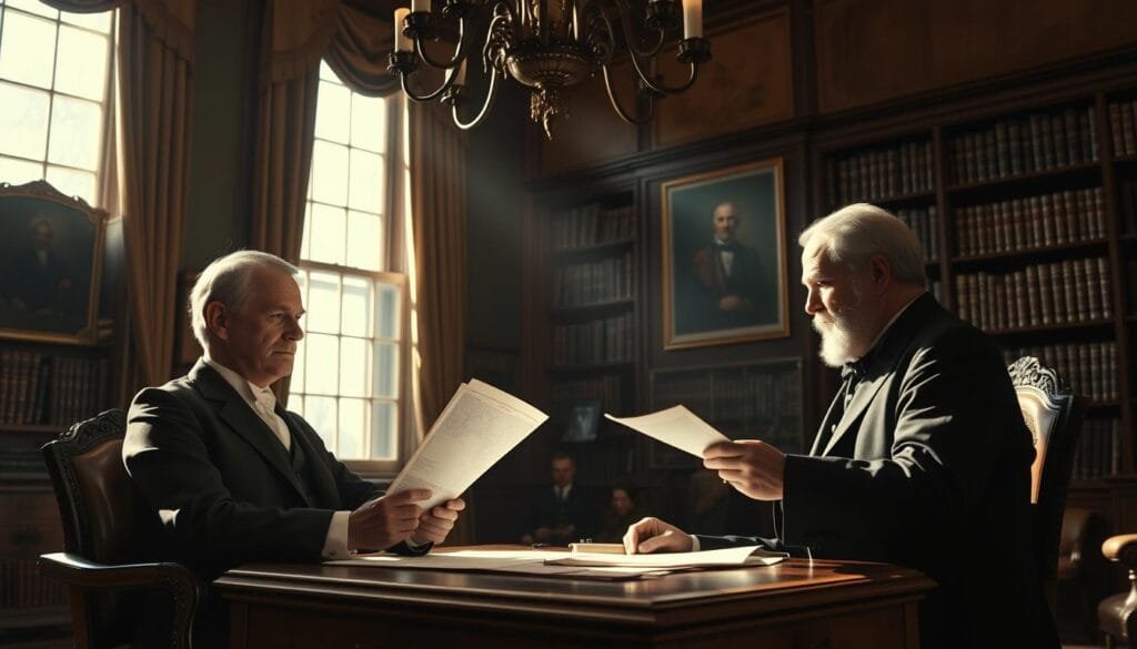 A high-contrast, cinematic portrait of William H. Seward, the influential U.S. Secretary of State, negotiating the purchase of Alaska from Russia. Seward, dressed in a tailored suit, sits at a mahogany desk, poring over documents and maps, his brow furrowed in concentration. Across from him, a Russian envoy in traditional garb. Sunlight streams through tall windows, casting dramatic shadows and highlights on the faces of the negotiators. The room is richly appointed, with shelves of leather-bound books and a ornate chandelier overhead, conveying the gravity and importance of the historical moment. The atmosphere is tense, yet determined, as the two statesmen hammer out the details of the Alaska Purchase, a landmark event that would forever shape the destiny of the United States.