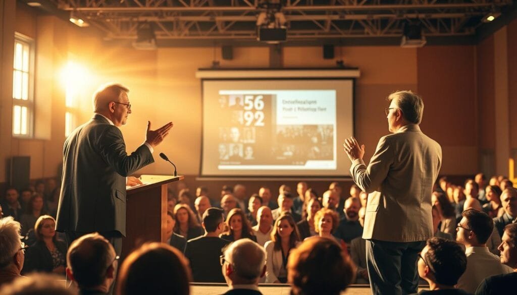 A high-energy academic debate unfolding on a sunlit stage, with experts in governance by lottery passionately exchanging ideas. In the foreground, two speakers stand before a podium, gesturing animatedly as they make their points. The middle ground is filled with an attentive audience, their faces rapt with concentration. In the background, a large projection screen displays visuals to support the discussion. Warm, golden lighting bathes the scene, creating an atmosphere of intellectual rigor and scholarly discourse. The composition is balanced, with clean lines and a sense of dynamism, conveying the serious yet engaging nature of the debate.
