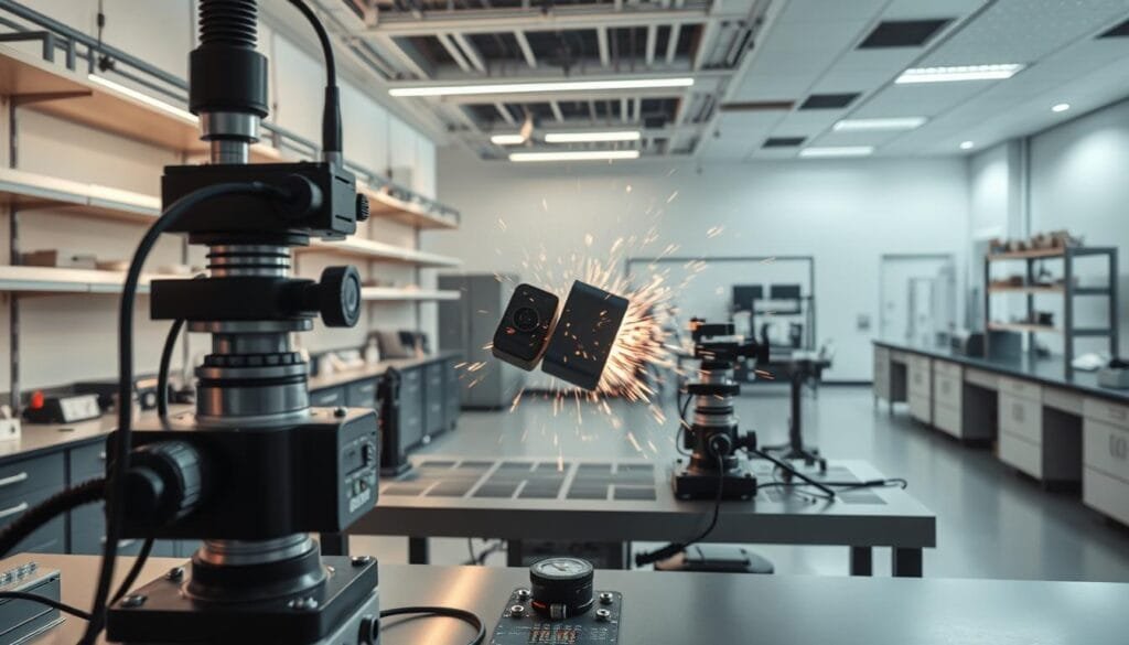 A high-impact laboratory experiment is underway, capturing the dynamic collision of objects under controlled conditions. In the foreground, specialized scientific equipment monitors the force and velocity of the impact, with sensors meticulously recording the data. The middle ground features a sleek, modernist laboratory setting, complete with sturdy workbenches, shelves of technical equipment, and a sense of focused intensity. In the background, a panoramic view of the laboratory space conveys a sense of scale and purpose, with subtle lighting casting dramatic shadows that accentuate the experimental nature of the scene. The overall atmosphere is one of scientific rigor, technological precision, and a dedication to understanding the physical limits of materials and structures.