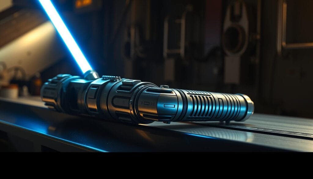 A highly detailed, cinematic view of a lightsaber hilt resting on a sleek, metallic surface. The hilt has a classic sci-fi design with intricate panels, buttons, and vents. Bright beams of blue and green light emanate from the emitter, casting dramatic shadows and highlights across the scene. The background is dimly lit, with hints of technical equipment and machinery visible, conveying a sense of a high-tech, futuristic environment. The overall mood is one of careful consideration and attention to safety protocols, as befits the "Consejos de Seguridad y Mantenimiento" section of the article.
