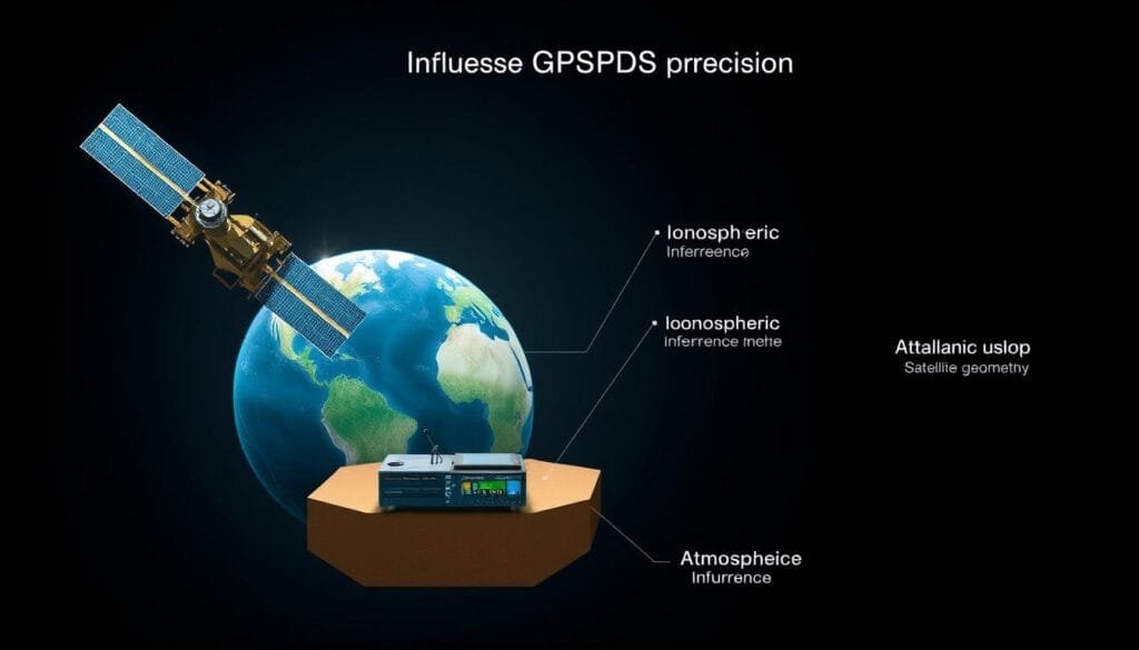 A highly detailed cutaway diagram showcasing the key factors that influence GPS precision. In the foreground, a satellite orbits the Earth, emitting radio waves. In the middle ground, a GPS receiver on the ground is visualized, with components like the antenna, processor, and display highlighted. In the background, atmospheric conditions like ionospheric interference and satellite geometry are depicted. The lighting is crisp and technical, with a muted color palette emphasizing the precise, scientific nature of the subject. The composition is clean and focused, drawing the viewer's attention to the critical variables that impact GPS accuracy.