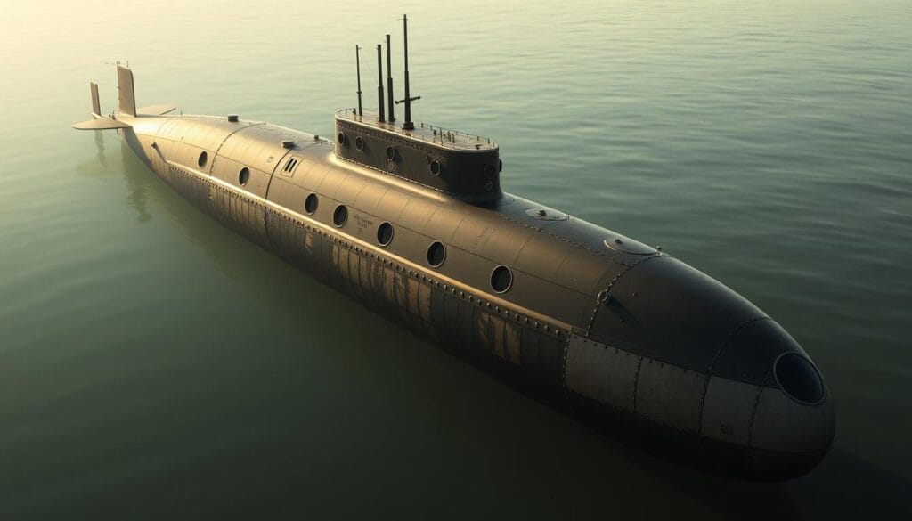 A historic submarine hull design, meticulously rendered with technical precision. The sleek, hydrodynamic form cuts through the calm, murky waters, its riveted steel plates gleaming under the soft, diffused lighting. Intricate details emerge, from the porthole viewports to the streamlined bow, exuding a sense of pioneering engineering and the claustrophobic confines of early underwater exploration. Capturing the innovative spirit and the daring ambition of the era, this image embodies the technological advancements that shaped the course of submarine development.