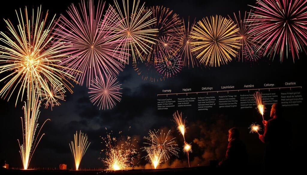 A historical progression of pyrotechnics in fireworks, showcasing the evolution of powder compositions and pyrotechnic techniques over time. In the foreground, a vibrant display of modern fireworks in a night sky, bursting with vivid colors and intricate patterns. In the middle ground, alchemists and artisans from different eras, experimenting with various mixtures and methods, their faces illuminated by the sparks of their creations. In the background, a timeline of key advancements, from ancient Chinese rocket experiments to the development of modern pyrotechnic formulas. Dramatic lighting and cinematic angles capture the grandeur and scientific complexity of this centuries-old art form.