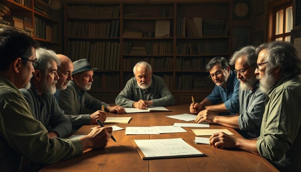 A historical worker-owned cooperative, its members gathered around a large wooden table, engaged in lively discussion. Warm lighting illuminates the scene, casting an atmosphere of thoughtful deliberation. In the background, shelves of books and papers suggest a rich intellectual tradition. The participants' faces convey a sense of collective responsibility and democratic decision-making. Subtle details, such as handwritten notes and sketches, hint at the participatory nature of this "sistema participativo histórico". An oil painting-like quality, with a muted color palette, lends an air of timelessness to the image.