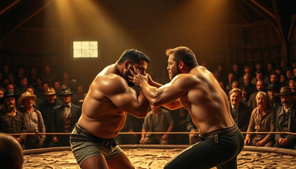 A historical wrestling match set in the mid-19th century American frontier. In the center, two muscular wrestlers grapple intensely, their faces strained with effort as they test their strength and skill. Around them, a crowd of spectators watches intently, their expressions a mix of excitement and anticipation. The lighting is dramatic, with warm, golden tones illuminating the scene from above, casting dramatic shadows that accentuate the wrestlers' physiques. The background is a rustic, wooden arena, with rough-hewn beams and a sense of weathered history. The overall mood is one of raw, physical power and the thrill of competition.