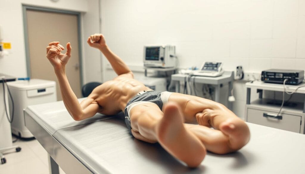 A laboratory setting with medical equipment and a human figure experiencing muscle spasms. In the foreground, a person lies on an examination table, their muscles contracting involuntarily. Focused lighting illuminates the twitching limbs and tension in the body. In the middle ground, various diagnostic tools and devices, such as electrodes and monitoring equipment, are arranged on a sterile, metal surface. The background features a clinical, white-walled environment, suggesting a hospital or research facility. The overall atmosphere conveys a sense of investigation and analysis of the physiological mechanisms behind muscle spasms. A laboratory setting with medical equipment and a human figure experiencing muscle spasms. In the foreground, a person lies on an examination table, their muscles contracting involuntarily. Focused lighting illuminates the twitching limbs and tension in the body. In the middle ground, various diagnostic tools and devices, such as electrodes and monitoring equipment, are arranged on a sterile, metal surface. The background features a clinical, white-walled environment, suggesting a hospital or research facility. The overall atmosphere conveys a sense of investigation and analysis of the physiological mechanisms behind muscle spasms.