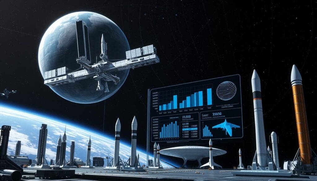A large, futuristic space station orbits the Earth, its modular structure and solar panels reflecting the sun's light. In the foreground, an array of advanced spacecraft and rockets stand ready for launch, their designs showcasing sleek aerodynamics and efficient propulsion systems. The middle ground features a holographic display, depicting detailed financial models, cost projections, and resource utilization data - visualizing the complex economic viability of these ambitious space systems. The background is filled with a vast, starry expanse, hinting at the boundless opportunities and challenges that lie ahead for humanity's exploration of the cosmos.