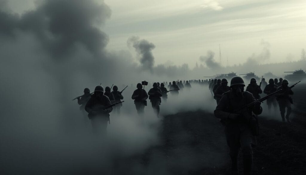 A large-scale German offensive, with soldiers in gas masks and protective gear, advancing through a bleak, smoky battlefield. The sky is tinted in shades of gray, casting an ominous glow over the scene. In the foreground, a dense cloud of toxic gas billows, obscuring the ground and the enemy forces. The middle ground features rows of soldiers, their weapons at the ready, moving steadily forward. In the background, the silhouettes of tanks and artillery pieces loom, adding to the sense of impending doom. The overall atmosphere is one of dread and desperation, as the German forces unleash their devastating chemical weapons against the unsuspecting Russian troops.