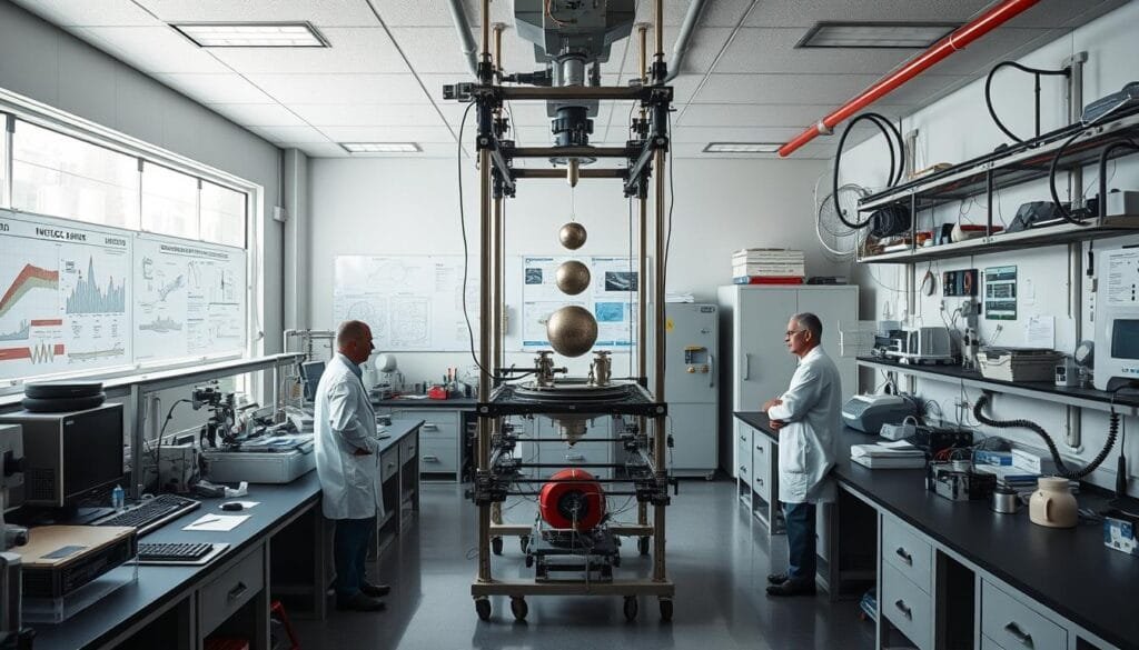A large, well-equipped laboratory setting, with various scientific instruments and equipment arranged on sturdy benches. In the center, a complex apparatus simulating the effects of terrestrial gravity, with test objects suspended and monitored by technicians in white lab coats. The lighting is bright and even, casting clear shadows that enhance the three-dimensional nature of the scene. The background features a mix of high-tech displays, charts, and diagrams related to the experiment, conveying a sense of scientific rigor and precision. The overall atmosphere is one of focused, methodical investigation, with a subtle air of anticipation as the researchers analyze the data and explore the possibilities of artificial gravity generation.