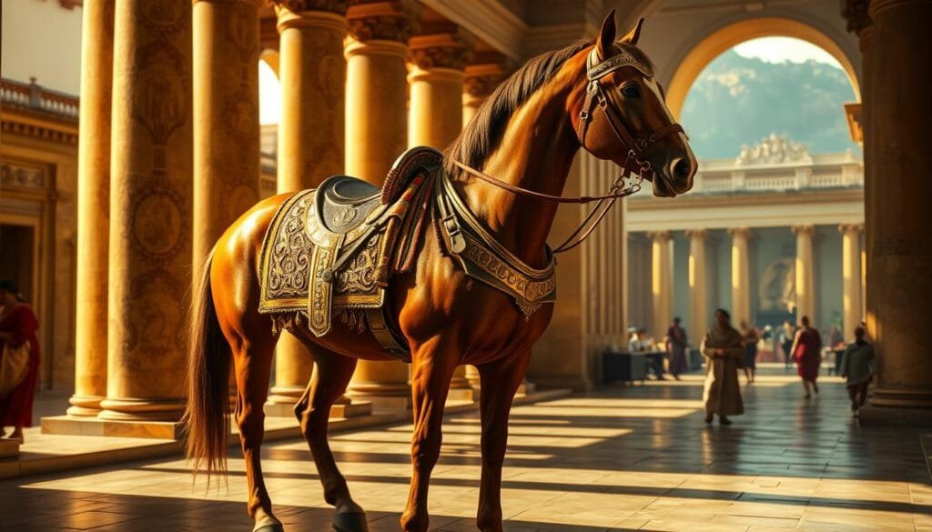A lavishly adorned Roman consul's horse, Incitatus, standing majestically in a sumptuous ancient Roman courtyard. The horse is bedecked in a rich, ornate saddle and harness, its chestnut coat gleaming in the warm, golden light filtering through the columned archways. In the background, a glimpse of opulent Roman architecture and the bustling activity of a noble household. The scene conveys the extravagance and indulgence of Caligula's reign, where even his beloved horse was granted the highest of honors, elevating the animal to the status of a Roman consul.