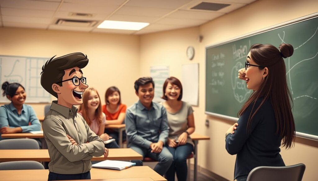 A lively classroom filled with engaged students, their faces alight with laughter as a teacher uses humor to convey a lesson. In the foreground, a cartoonish figure stands at the chalkboard, gesturing animatedly while students in the middle ground chuckle and exchange amused glances. The background depicts a warm, well-lit workspace, with desks and whiteboards suggesting a professional office setting. The overall mood is one of lighthearted learning, where humor is seamlessly integrated into the educational experience. Soft, diffused lighting creates a pleasant, inviting atmosphere.