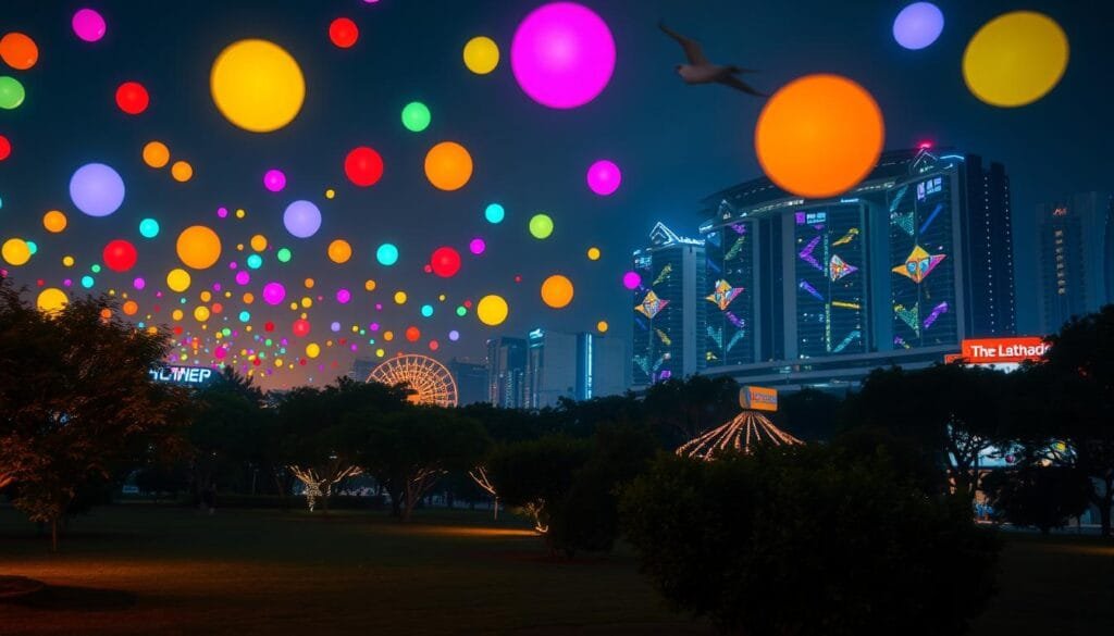 A lively, continuous festival of lights illuminates the night sky, creating a serene and dreamlike atmosphere. Vibrant, colorful orbs float and dance, casting a warm glow across the landscape. In the foreground, a tranquil park with lush greenery provides a peaceful backdrop, while in the distance, towering modern buildings stand tall, their facades adorned with dazzling, ever-changing light displays. The scene evokes a sense of wonder and possibility, as if the world has been transformed into a perpetual celebration, where the boundaries between day and night have been blurred. The lighting is soft and diffused, creating a sense of timelessness and wonder, inviting the viewer to immerse themselves in this captivating, otherworldly experience.