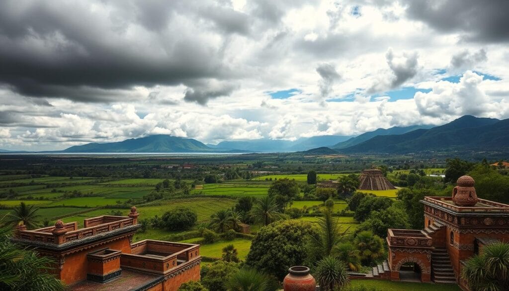 A lush coastal landscape of the ancient Mochica civilization, set against the backdrop of a dramatic, cloud-filled sky. In the foreground, intricate adobe structures with ornate decorative elements, reminiscent of the distinctive Mochica architectural style. Vibrant textiles and pottery adorn the scene, reflecting the rich cultural traditions of the Mochica people. In the middle ground, verdant agricultural fields and gently rolling hills, while in the distance, the towering Andes mountains stand as a majestic presence. The overall atmosphere evokes a sense of historical grandeur and the enduring legacy of this remarkable pre-Columbian civilization. A lush coastal landscape of the ancient Mochica civilization, set against the backdrop of a dramatic, cloud-filled sky. In the foreground, intricate adobe structures with ornate decorative elements, reminiscent of the distinctive Mochica architectural style. Vibrant textiles and pottery adorn the scene, reflecting the rich cultural traditions of the Mochica people. In the middle ground, verdant agricultural fields and gently rolling hills, while in the distance, the towering Andes mountains stand as a majestic presence. The overall atmosphere evokes a sense of historical grandeur and the enduring legacy of this remarkable pre-Columbian civilization.