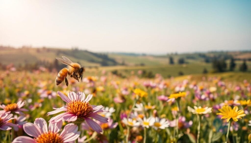 A lush, verdant field buzzing with the vibrant activity of pollinating insects. In the foreground, a close-up of a honey bee delicately moving from flower to flower, its fuzzy body dusted with pollen. In the middle ground, a diverse array of blooming flora in shades of pink, purple, and yellow, their petals gently swaying in a soft breeze. The background opens up to reveal a rolling landscape, dotted with clusters of trees and a clear blue sky above, conveying a sense of harmony and abundance. Warm, golden sunlight filters through, illuminating the scene with a serene, natural glow. The overall composition celebrates the intricate and essential relationship between pollinating insects and the thriving biodiversity that sustains our world.