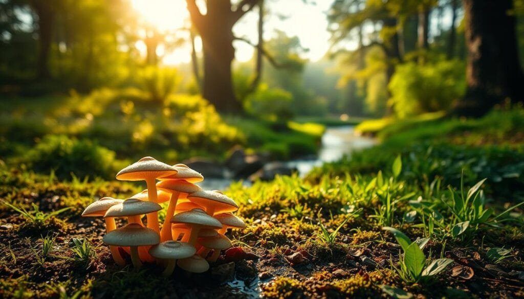 A lush, verdant landscape bathed in soft, golden sunlight. In the foreground, a cluster of geosmina mushrooms emerges from the damp, earthy soil, their delicate caps glistening with morning dew. The middle ground reveals a tranquil stream winding through the scene, its banks lined with vibrant green foliage. In the background, towering trees sway gently, their canopies filtering the sunlight and casting a warm, atmospheric glow over the entire composition. The overall mood is one of serene, natural beauty, inviting the viewer to immerse themselves in the captivating scent and sensation of petricor - the earthy, comforting aroma that permeates the scene.
