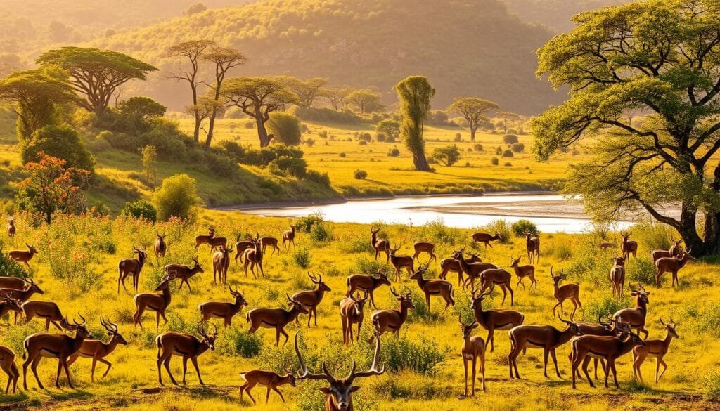 A lush, verdant landscape bathed in warm, golden sunlight. In the foreground, a herd of diverse herbivores - from majestic deer to nimble gazelles - grazing peacefully, their adaptations for efficient plant consumption on full display. The middle ground reveals a variety of vibrant, flowering plants and towering trees, the result of evolutionary pressures shaping their defenses and nutrient allocation. In the distant background, a tranquil river winds its way through the scene, reflecting the serene atmosphere. The overall composition conveys a sense of balance and harmony, where the herbivores and their environment coexist in a delicate, interdependent relationship, the product of millennia of evolutionary forces.