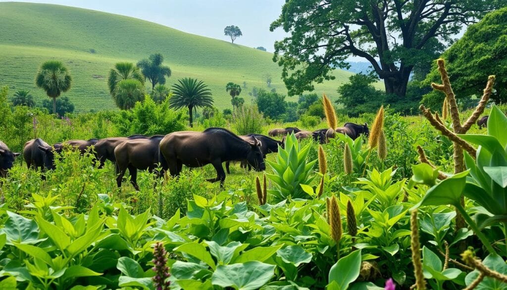 A lush, verdant landscape showcasing the dynamic interplay between plant life and herbivorous creatures. In the foreground, a herd of grazing herbivores, their movements fluid and purposeful, as they nourish themselves on the vibrant foliage. The middle ground features a diverse array of plant species, each with its own unique textures and hues, from the delicate, lace-like leaves to the sturdy, woody stems. In the background, a gentle rolling hill, adorned with towering trees and a softly diffused light, creating a serene and harmonious atmosphere. The scene captures the intricate balance of the ecosystem, where the herbivores play a vital role in the perpetual cycle of growth and regeneration.