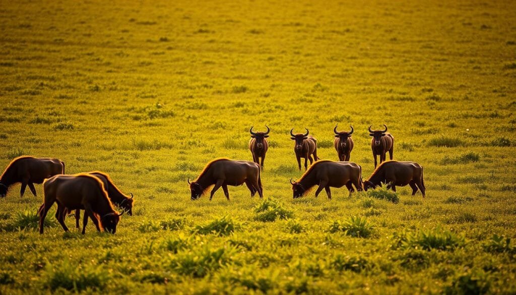 A lush, verdant meadow, where the contrast between herbivores and carnivores is starkly apparent. In the foreground, a herd of sleek, majestic herbivores graze peacefully, their strong, muscular bodies adapted to digest the abundant vegetation. In the middle ground, a pack of predators, once fierce carnivores, now cautiously approach the herbivores, their sharp teeth and claws blunted by a shift in their diet. The background is bathed in warm, golden light, casting a serene, contemplative mood over the scene. The image conveys the delicate balance of nature, where the roles of predator and prey have been reversed, and the risks and adaptations of both herbivores and carnivores are captured in a moment of coexistence.