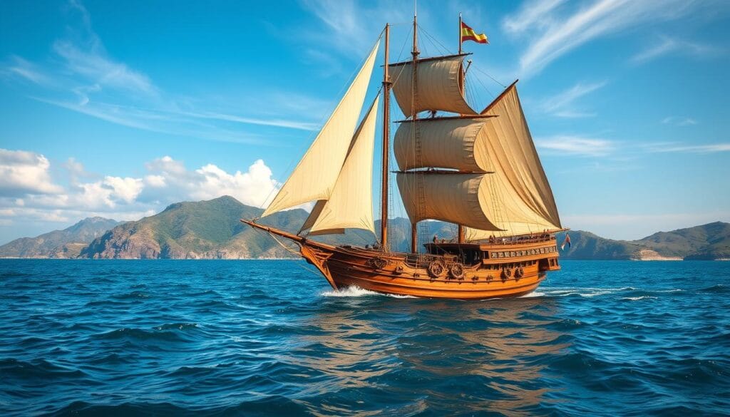 A majestic 15th-century "carabela histórica" sailing gracefully on calm azure waters, its distinctive triangular sails billowing in the gentle breeze. The sturdy wooden hull, painted in earth tones, glides effortlessly through the waves, a testament to the skilled craftsmanship of its builders. Sunlight filters through wispy clouds, casting a warm, golden glow over the scene, highlighting the intricate details of the ship's ornate carvings and rigging. In the distance, a rugged coastline with lush, verdant hills provides a picturesque backdrop, immersing the viewer in the historical setting of this iconic vessel.