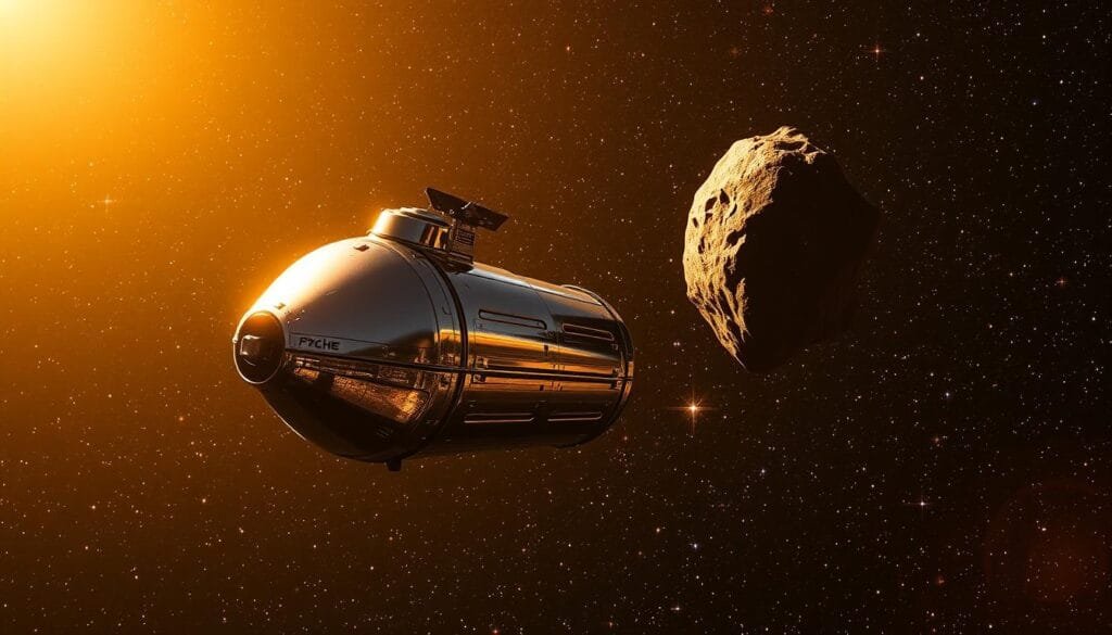 A majestic Psyche spacecraft soars through the cosmos, its sleek, metallic body glimmering in the starlight. The spacecraft's advanced sensors and instruments peer intently at the nearby asteroid, a mysterious and potentially lucrative target of the mission. The scene is bathed in a warm, golden glow, evoking the rich, metallic nature of the celestial body. In the background, a field of twinkling stars and distant galaxies provide a breathtaking backdrop, emphasizing the grandeur and isolation of the spacecraft's journey. The overall tone is one of scientific curiosity, technological prowess, and the vast, untamed beauty of the universe.