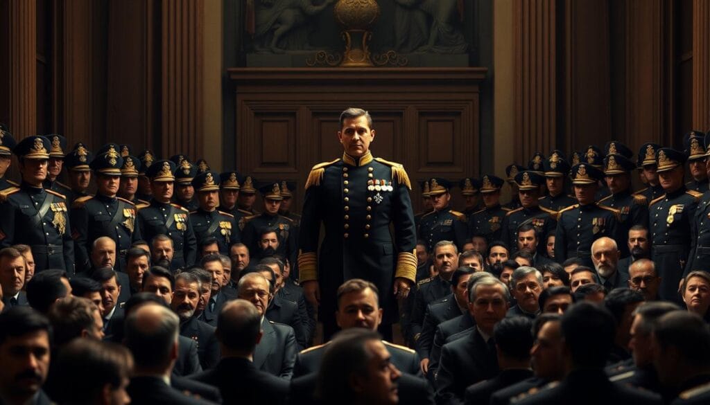 A majestic military junta assembled in the grand halls of the Chilean government, their stern expressions and ornate uniforms conveying a sense of authoritative power. The foreground features a central figure, likely the leader, standing tall and commanding attention, surrounded by a cohort of high-ranking officers. In the middle ground, rows of subordinate officials and advisors gather, their faces etched with a mix of reverence and uncertainty. The background is shrouded in a somber, muted palette, with subtle architectural details hinting at the historic significance of the scene. Dramatic, side-lighting casts dramatic shadows, lending an air of gravity and weight to the proceedings. This image captures the early political and military experiences of Bernardo O'Higgins, as he navigates the complex power dynamics of the Chilean junta. A majestic military junta assembled in the grand halls of the Chilean government, their stern expressions and ornate uniforms conveying a sense of authoritative power. The foreground features a central figure, likely the leader, standing tall and commanding attention, surrounded by a cohort of high-ranking officers. In the middle ground, rows of subordinate officials and advisors gather, their faces etched with a mix of reverence and uncertainty. The background is shrouded in a somber, muted palette, with subtle architectural details hinting at the historic significance of the scene. Dramatic, side-lighting casts dramatic shadows, lending an air of gravity and weight to the proceedings. This image captures the early political and military experiences of Bernardo O'Higgins, as he navigates the complex power dynamics of the Chilean junta.