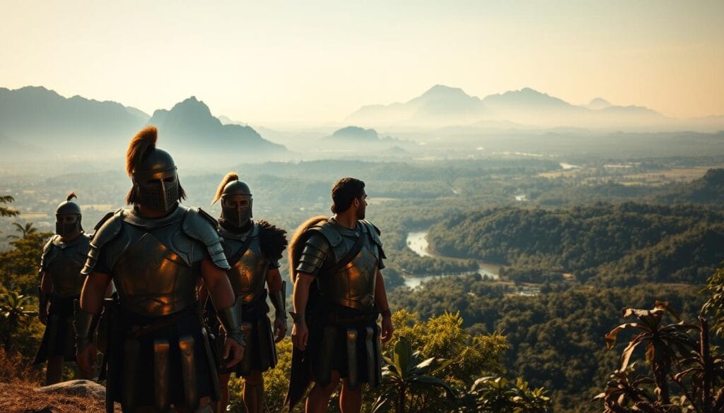A majestic scene of the early Spanish expeditions in search of the fabled El Dorado. In the foreground, a group of conquistadors, their armor glinting in the warm sunlight, stand resolute and determined, their eyes fixed on the horizon. In the middle ground, a lush, verdant landscape unfolds, dotted with towering mountains and winding rivers. In the background, a hazy mist shrouds the distant jungle, hinting at the mysteries and dangers that lie ahead. The lighting is dramatic, casting long shadows and creating a sense of adventure and exploration. The composition is balanced, with the figures in the foreground drawing the eye inward, leading the viewer on a journey into the unknown.