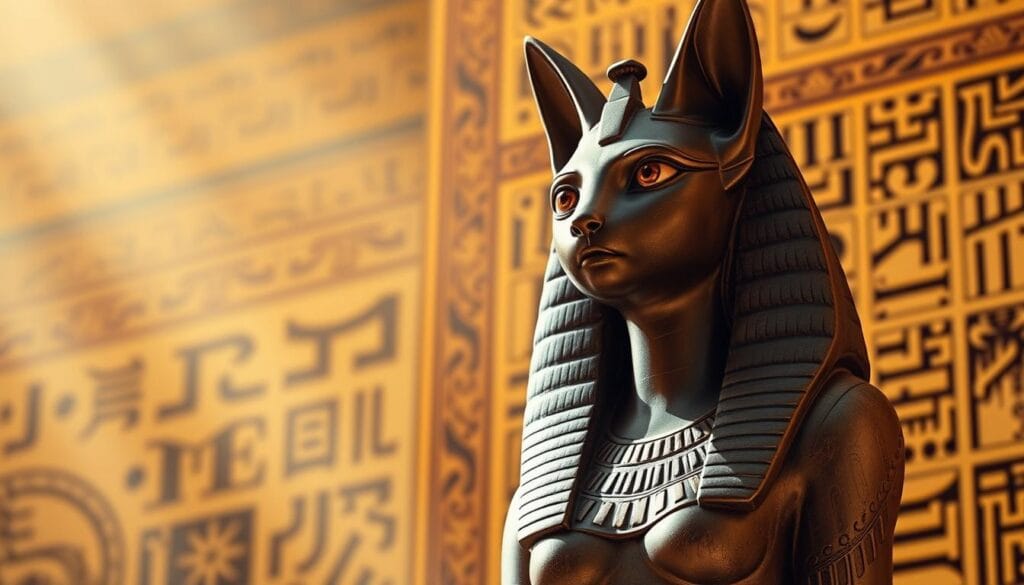 A majestic statue of the ancient Egyptian goddess Bastet, the feline deity of protection, fertility, and joy. In the foreground, the elegant figure of Bastet stands tall, her feline features sculpted with exquisite detail. Her piercing gaze and benevolent expression convey a sense of power and grace. The middle ground is adorned with intricate hieroglyphic patterns, evoking the rich cultural heritage of ancient Egypt. The background is bathed in a warm, golden light, creating an atmospheric and reverent ambiance, as if the viewer is witnessing a sacred ritual. The image conveys the profound significance of Bastet and her influence on the ancient Egyptian psyche, perfectly illustrating the section on the obsession with feline deities.