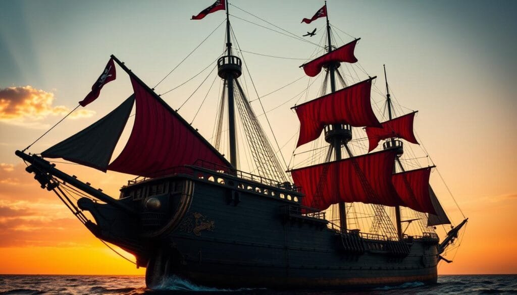 A majestic three-masted galleon, the Queen Anne's Revenge, sails the open seas, its black hull and crimson sails striking a foreboding silhouette against the golden sunset sky. Atop the towering stern castle, the fearsome Jolly Roger flag flutters in the salty breeze, a symbol of the vessel's notorious captain, Blackbeard. Detailed brass fittings and intricate carvings adorn the ship's weathered exterior, conveying a sense of power and grandeur. The vessel's imposing presence, illuminated by warm, dramatic lighting, commands attention and inspires awe, embodying the legend and infamy of the legendary pirate ship. A majestic three-masted galleon, the Queen Anne's Revenge, sails the open seas, its black hull and crimson sails striking a foreboding silhouette against the golden sunset sky. Atop the towering stern castle, the fearsome Jolly Roger flag flutters in the salty breeze, a symbol of the vessel's notorious captain, Blackbeard. Detailed brass fittings and intricate carvings adorn the ship's weathered exterior, conveying a sense of power and grandeur. The vessel's imposing presence, illuminated by warm, dramatic lighting, commands attention and inspires awe, embodying the legend and infamy of the legendary pirate ship.