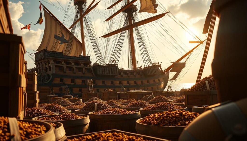 A majestic trading ship of the British East India Company, its towering sails and ornate carvings reflecting the power and prestige of the colonial monopoly. In the foreground, crates and barrels overflow with the prized commodity - chests of the finest Darjeeling and Assam teas, destined for the eager palates of the American colonies. The scene is bathed in warm, golden light, hinting at the looming tensions between the colonists and the British Crown over the control of this lucrative trade. Detailed textures, a cinematic depth of field, and a sense of historical grandeur create a compelling visual representation of the background to the Boston Tea Party. A majestic trading ship of the British East India Company, its towering sails and ornate carvings reflecting the power and prestige of the colonial monopoly. In the foreground, crates and barrels overflow with the prized commodity - chests of the finest Darjeeling and Assam teas, destined for the eager palates of the American colonies. The scene is bathed in warm, golden light, hinting at the looming tensions between the colonists and the British Crown over the control of this lucrative trade. Detailed textures, a cinematic depth of field, and a sense of historical grandeur create a compelling visual representation of the background to the Boston Tea Party.