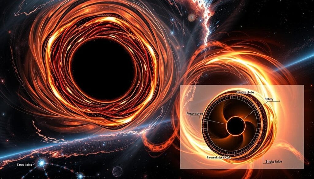 A massive black hole with a swirling accretion disk, illuminated by glowing plasma and intense gravitational lensing. In the foreground, a complex ergosphere structure surrounds the event horizon, with intricate magnetic fields and charged particles streaming outwards. The middle ground features a detailed cross-section of the black hole's internal structure, with labeled regions for the singularity, photon sphere, and innermost stable circular orbit. The background depicts a dramatic cosmic setting, with distant galaxies and nebulae providing a sense of scale and the black hole's place in the wider universe. The overall scene conveys a sense of power, mystery, and the potential to harness the immense energy of these enigmatic celestial entities.
