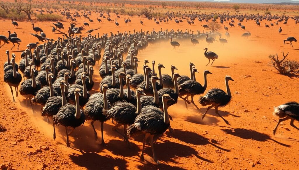 A massive flock of emus surges across the rugged Australian Outback, their long necks and powerful legs propelling them forward in a chaotic migration. The dusty, ochre-colored landscape stretches out behind them, dotted with sparse scrubland and the occasional gnarled eucalyptus tree. The emus, their feathers ruffled by the warm, dry wind, move with a single-minded determination, their rhythmic footsteps echoing across the vast expanse. The scene is bathed in a warm, golden light, casting long shadows that trail behind the birds, emphasizing their graceful, almost prehistoric forms. This epic confrontation between man and nature captures the essence of "The Emu War", a pivotal moment in Australian history. A massive flock of emus surges across the rugged Australian Outback, their long necks and powerful legs propelling them forward in a chaotic migration. The dusty, ochre-colored landscape stretches out behind them, dotted with sparse scrubland and the occasional gnarled eucalyptus tree. The emus, their feathers ruffled by the warm, dry wind, move with a single-minded determination, their rhythmic footsteps echoing across the vast expanse. The scene is bathed in a warm, golden light, casting long shadows that trail behind the birds, emphasizing their graceful, almost prehistoric forms. This epic confrontation between man and nature captures the essence of "The Emu War", a pivotal moment in Australian history.