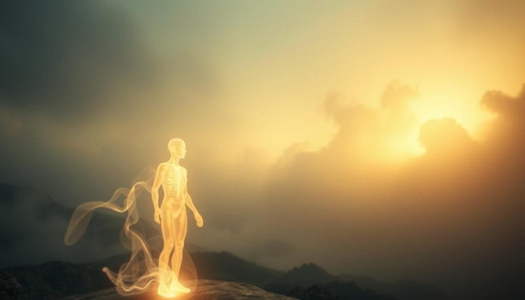 A mental visualization spectrum, a surreal landscape of the mind's eye. In the foreground, a glowing ethereal figure, its form shifting and undulating, a visual representation of the elusive nature of mental imagery. The middle ground is a dreamlike expanse, with swirling, semi-transparent shapes and patterns, hinting at the vast, intricate tapestry of the inner psyche. The background is shrouded in a soft, diffuse light, creating a sense of depth and mystery, as if peering into the depths of the subconscious. This scene is illuminated by a warm, ambient glow, evoking a sense of tranquility and introspection. Captured through a wide-angle lens, the composition invites the viewer to explore the nuances of this enigmatic mental landscape.