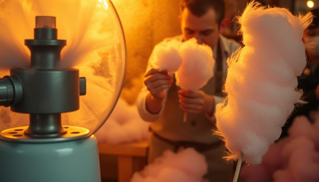A mesmerizing scene of cotton candy-making unfolds before us. In the foreground, a vintage cotton candy machine whirs to life, its spinning head creating delicate strands of sugary goodness. The middle ground showcases the skilled hands of a confectioner, deftly guiding the fluffy, pastel-hued clouds onto wooden sticks, transforming them into the ultimate sweet treat. The background is bathed in a warm, golden glow, evoking a sense of nostalgia and delight. The camera captures this process with a cinematic lens, drawing the viewer into the enchanting world of artisanal cotton candy creation. The atmosphere is one of whimsy and wonder, inviting the senses to indulge in the pure, unadulterated joy of this delectable delicacy.