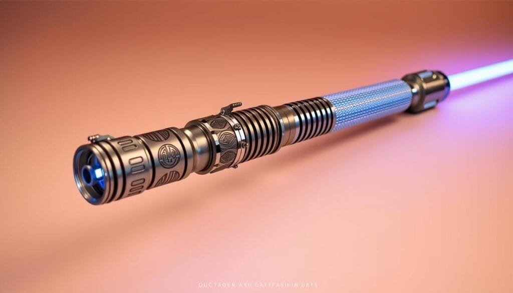 A meticulously crafted custom lightsaber hilt, its sleek metallic surface gleaming under warm studio lighting. The emitter and pommel are elegantly designed, with intricate patterns and contours hinting at its owner's personal style. The grip is textured for a secure, comfortable hold, inviting the wielder to grasp it with confidence. Against a soft, neutral background, the hilt appears to float, its power and potential palpable. This is a weapon of noble purpose, a tool for the discerning Jedi or Sith who seeks to harness the full might of the Force through a personalized instrument of their will.