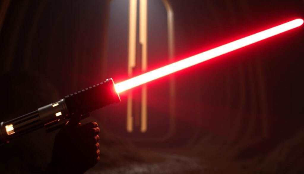 A meticulously crafted image showcasing the distinct characteristics of sables de luz, the iconic lightsabers from the Star Wars universe. In the foreground, the elegant, glowing hilt of a sable de luz stands prominently, its sleek lines and intricate details captured in sharp focus. The middle ground features the dynamic, shimmering blade emanating a warm, mesmerizing radiance, while the background depicts a moody, atmospheric environment, perhaps a dimly lit chamber or a mystical forest, infusing the scene with a sense of mystery and wonder. The lighting is dramatic, casting dramatic shadows and highlights that accentuate the unique features of the sable de luz. Captured with a cinematic, high-resolution lens, this image will vividly illustrate the various types and characteristics of these legendary lightsabers.
