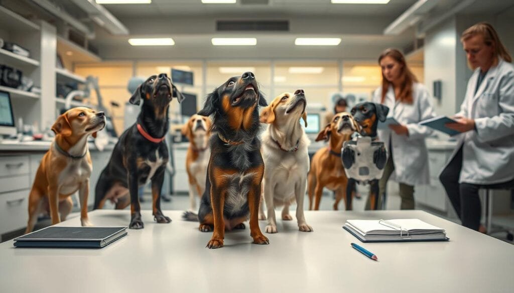 A meticulously crafted laboratory setting, filled with scientific instruments and scholarly researchers intently observing a group of canines. The dogs, their heads tilted curiously, are the focus of intense scrutiny as the scientists diligently record their behaviors and reactions. Soft, even lighting illuminates the scene, casting a contemplative ambiance over the proceedings. The background is dominated by sleek, modern furnishings and state-of-the-art equipment, conveying a sense of cutting-edge research. Subtle details, such as notebooks, monitors, and measuring devices, lend an air of methodical investigation to the composition. The overall impression is one of rigorous, thoughtful inquiry into the intriguing phenomenon of canine head tilting.