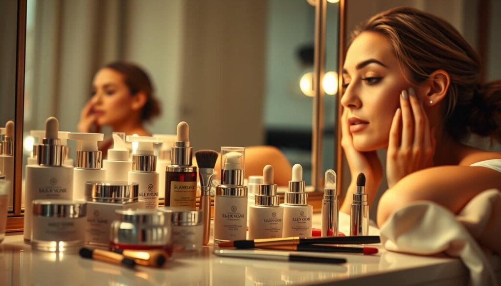 A meticulously detailed closeup of a woman's vanity table, illuminated by a soft, warm light. On the surface, an array of luxurious beauty products - creams, serums, and makeup brushes, all arranged with care and precision. In the background, a large mirror reflects the woman's face as she applies her daily skincare regimen, her expression serene and focused. The scene evokes a sense of tranquility and self-care, with the tools of her beauty routine laid out like an elaborate ritual. The lighting casts gentle shadows, adding depth and dimension to the composition.
